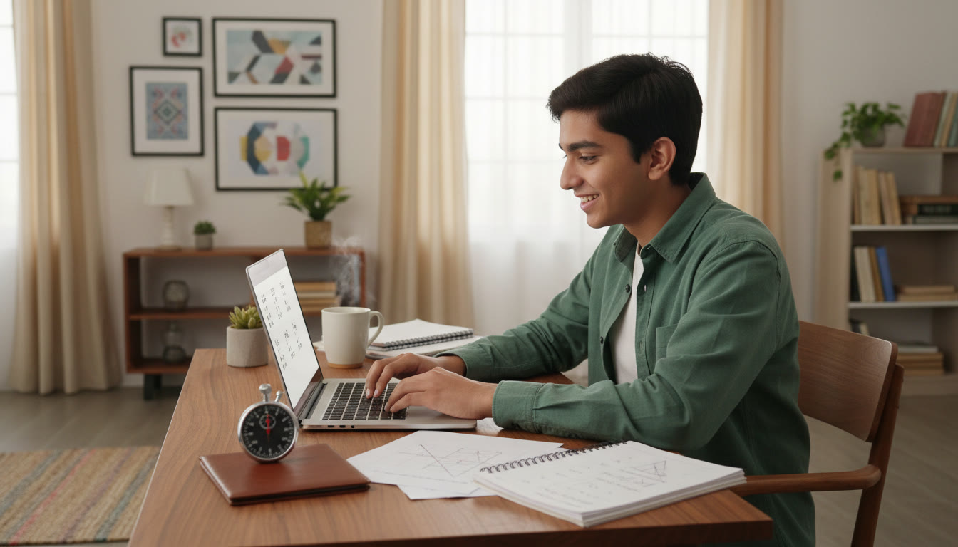 Photo Idea : A student solving a full-length mock test on a laptop with a stopwatch and a printed error log beside them