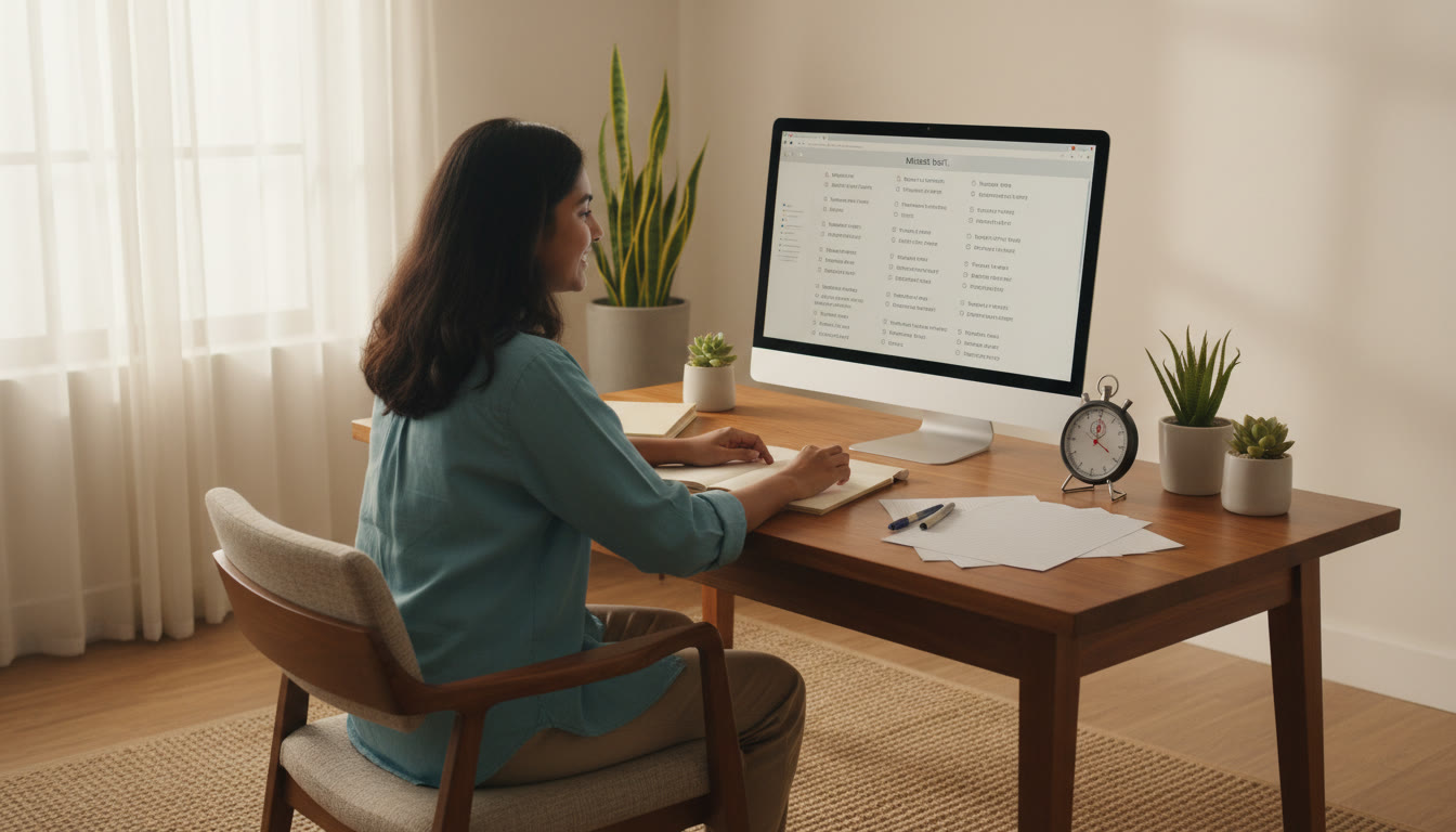 Photo Idea : Student at a desk taking a timed computer mock test with a stopwatch, calibration sheets and neat notes beside them