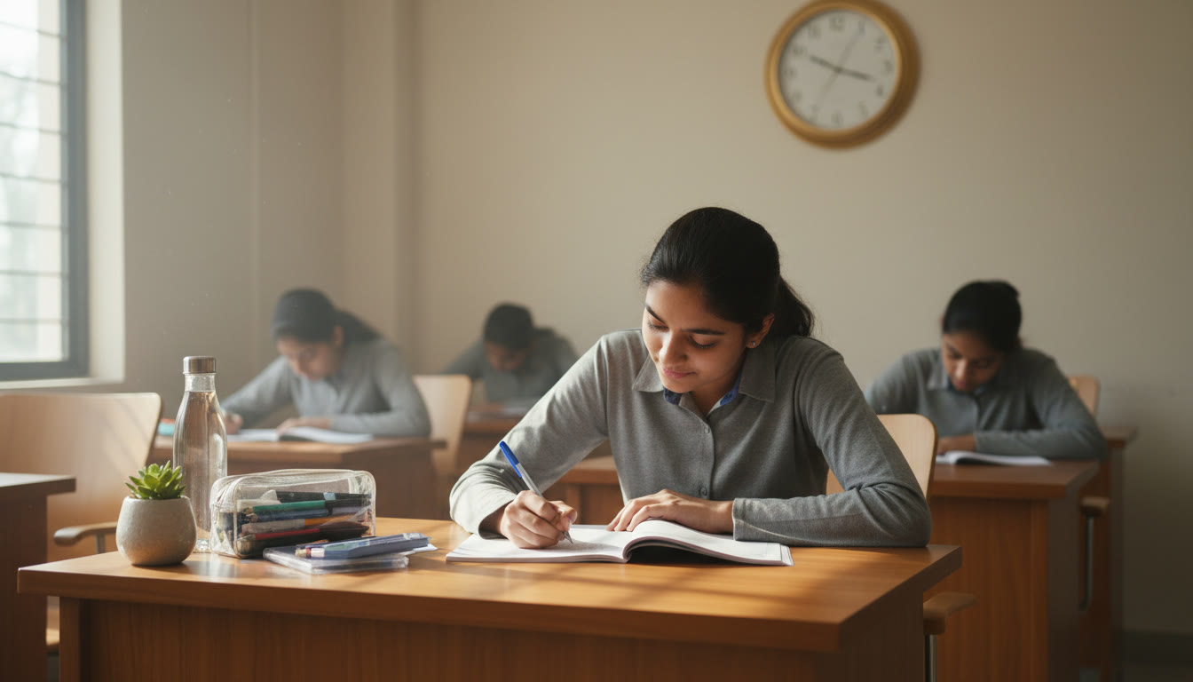 Photo Idea : A focused student writing answers in an exam hall with a clock and neatly arranged stationery