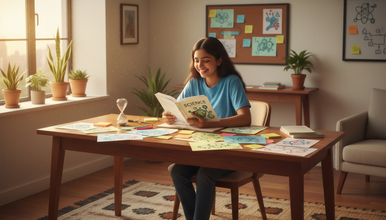 Photo Idea : A student at a desk surrounded by colorful notes, diagrams and a timer, smiling while reading a science textbook