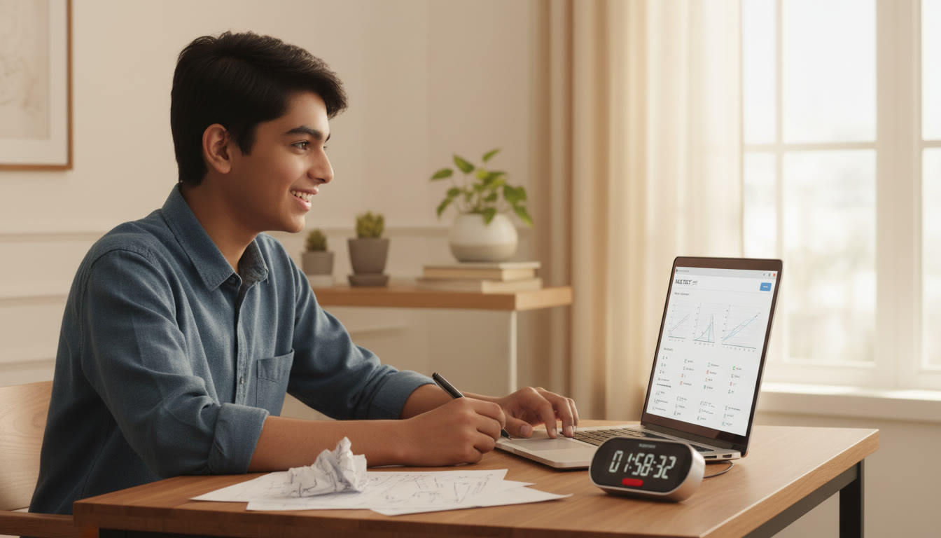 Photo Idea : Student at a desk taking a timed full-length mock test with stopwatch, laptop, and rough sheets