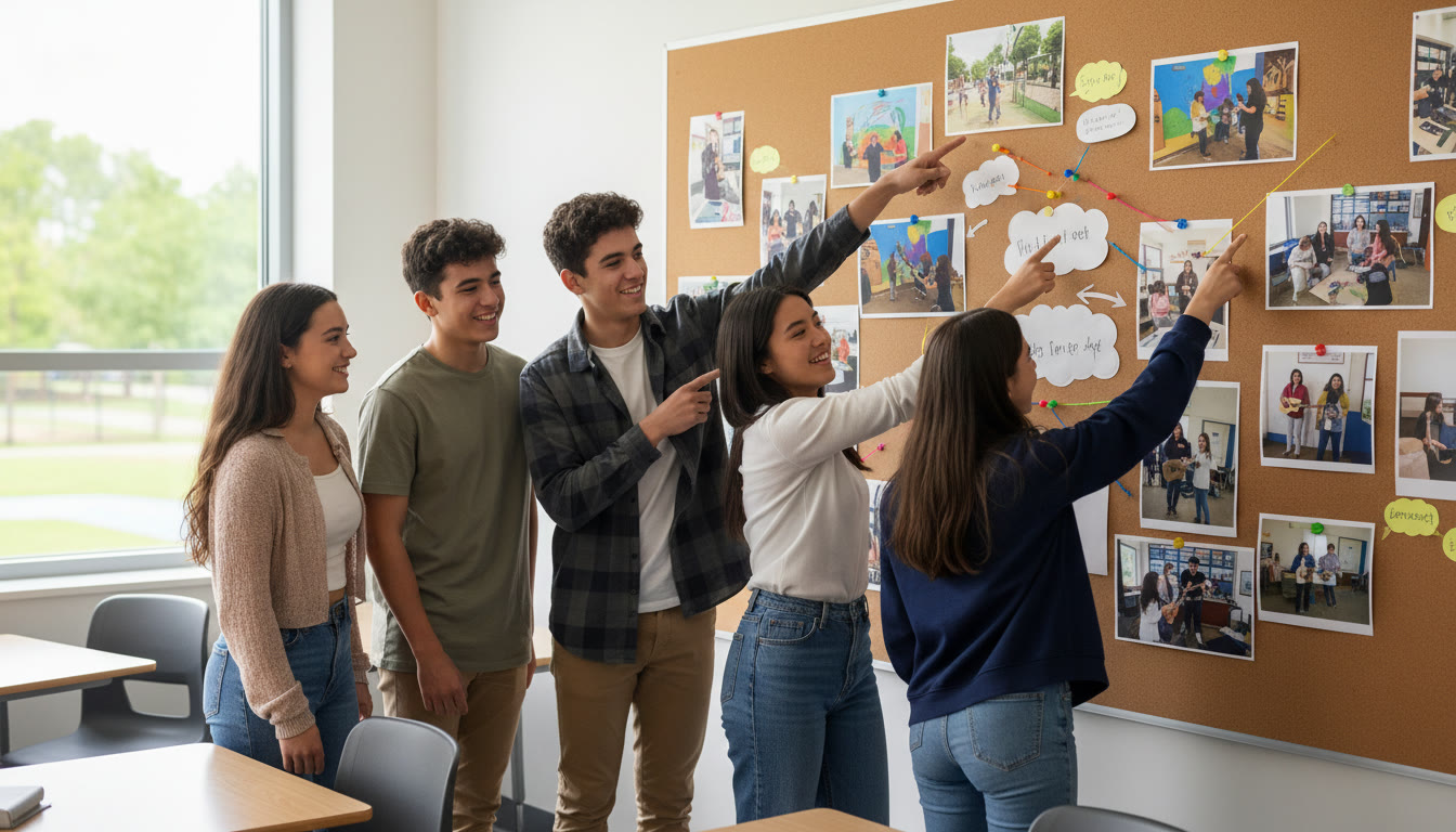 Photo Idea : A small group of students presenting a CAS project on a classroom notice board with photos and reflection notes