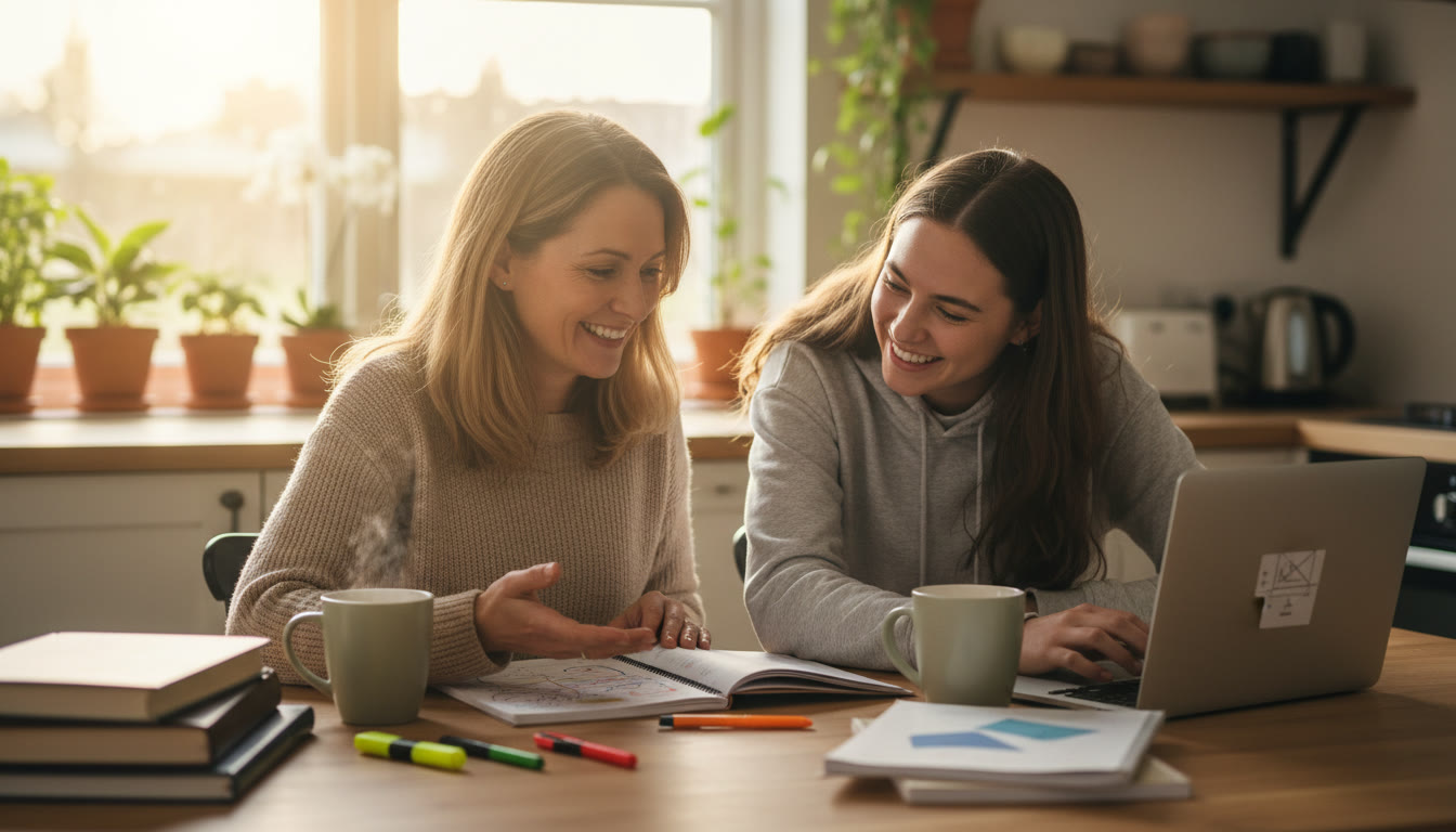 Photo Idea : Parent and IB student sitting at a kitchen table with notebooks and a laptop, sharing a warm conversation