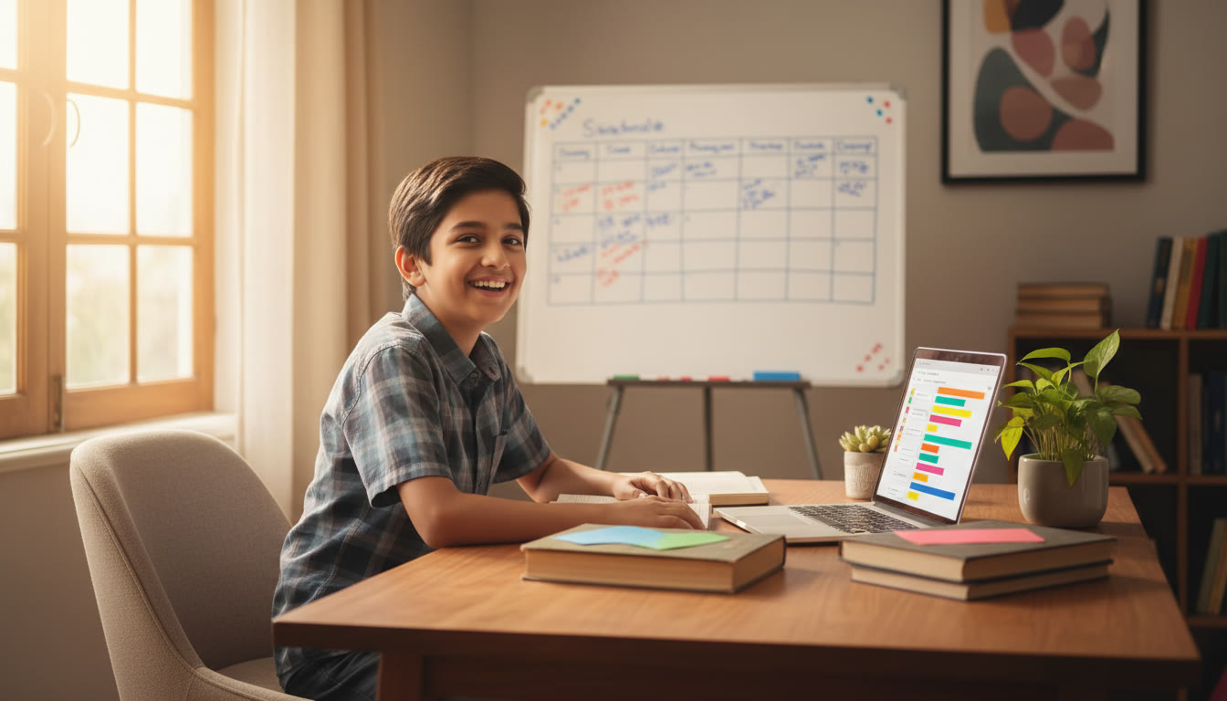 Photo Idea : Student at a desk with a neat timetable, open textbooks, and a laptop showing practice tests
