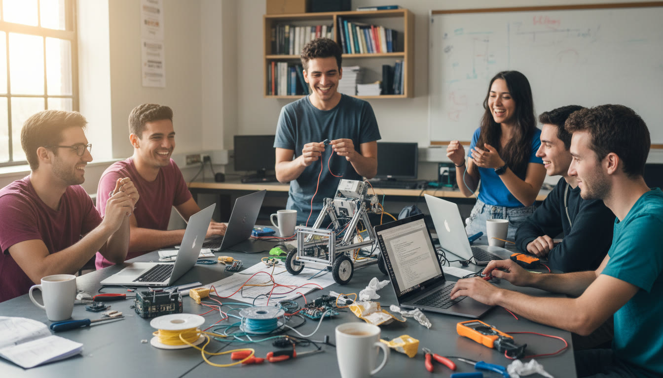 Photo Idea : students assembled around a cluttered workbench building a small robot, wires, laptops and coffee cups visible
