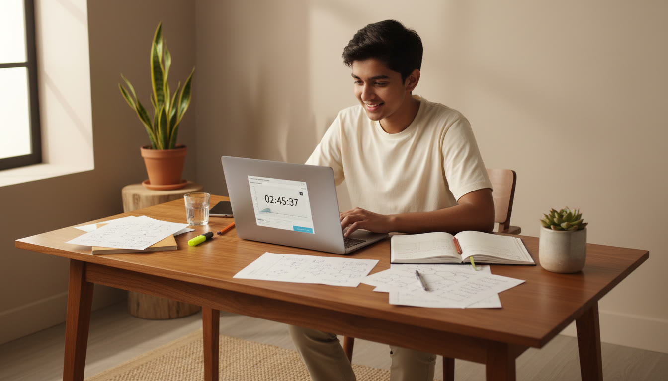 Photo Idea : Student at a desk taking a timed full-length mock test on a laptop with a visible countdown timer and scattered revision notes.