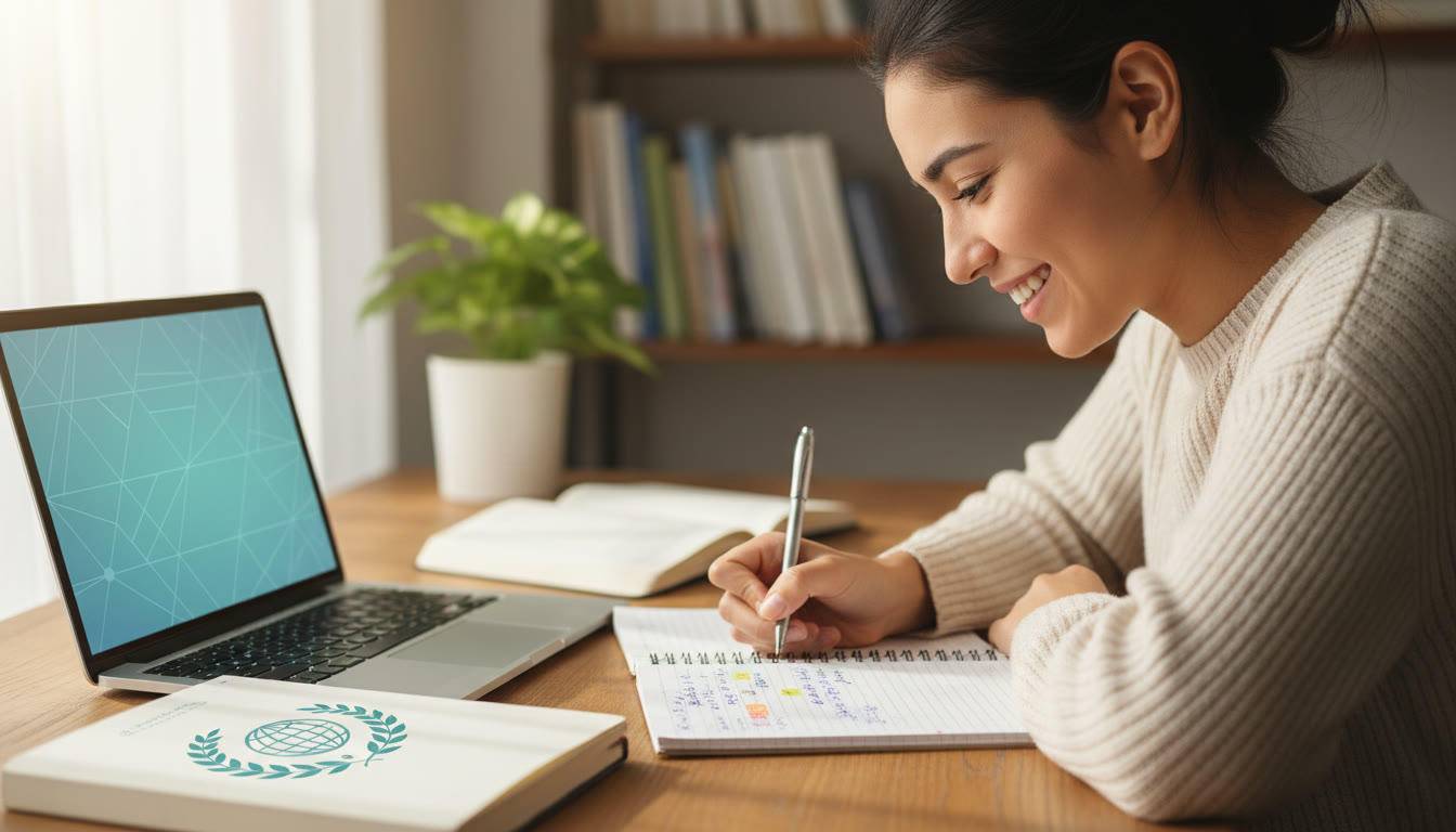 Photo Idea : close-up of a student writing notes beside an open notebook and laptop