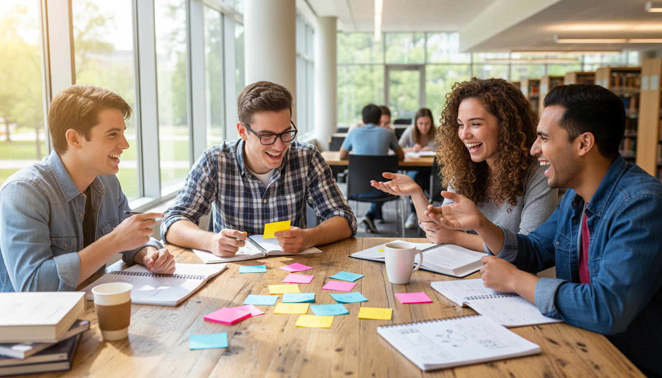 Photo Idea : A small group of students debating around a table with notebooks and sticky notes