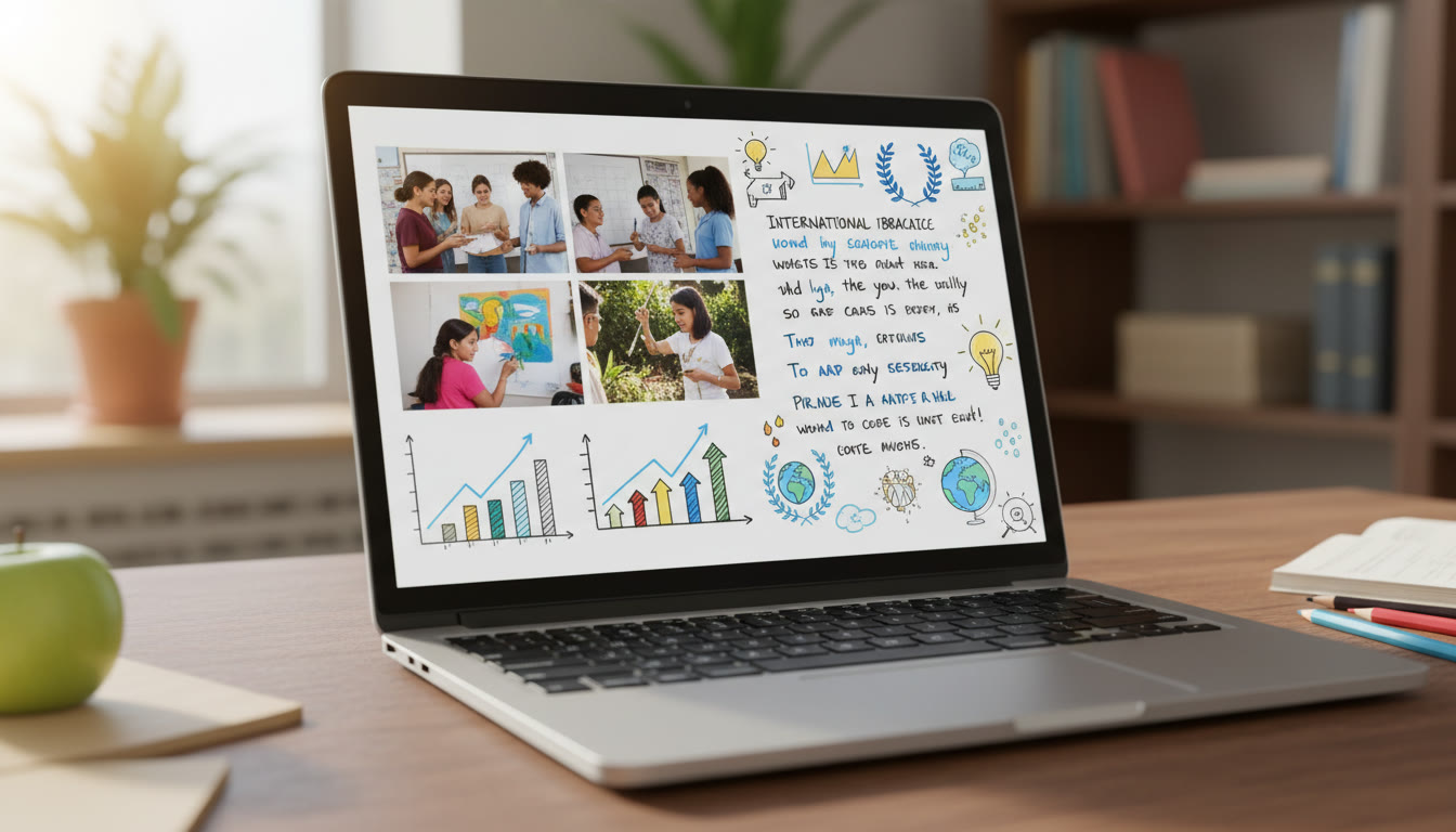 Photo Idea : Close-up of a student portfolio open on a laptop with photos, charts and handwritten reflections visible