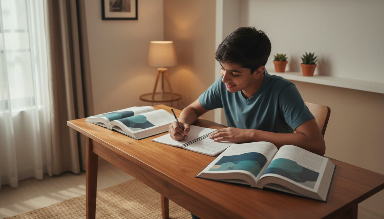 Photo Idea : A focused student writing at a desk with open ISC textbooks and neatly written notes, natural light