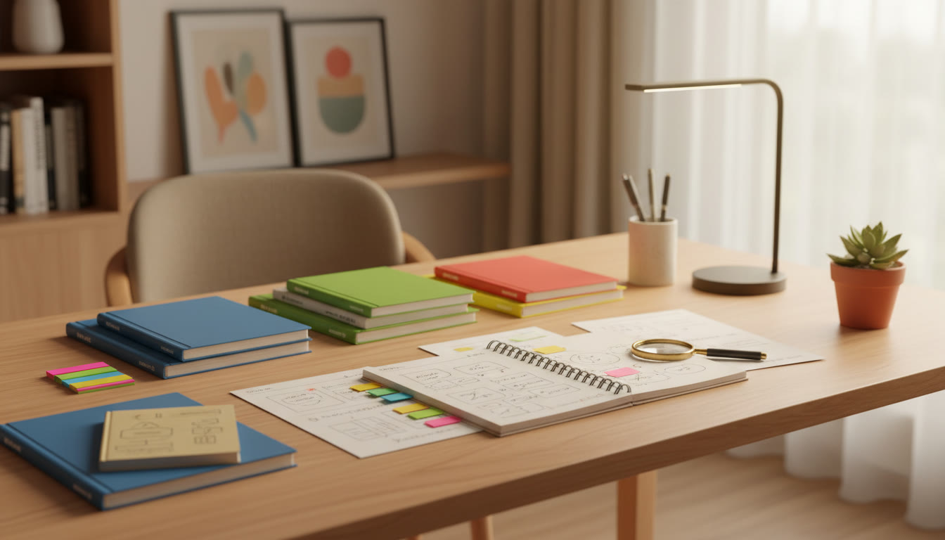 Photo Idea : neatly organized study table with color-coded notes, sticky flags, and a handwritten error log