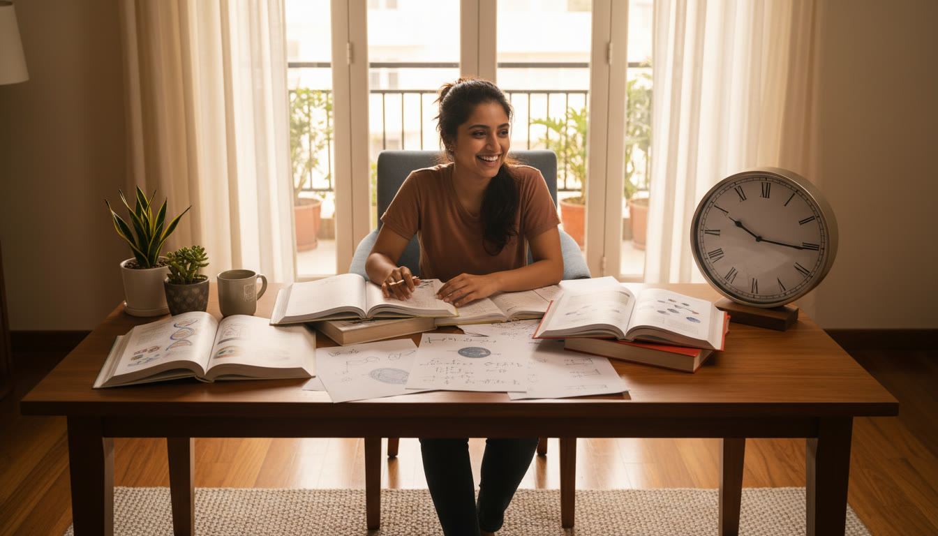 Photo Idea : Student at a study desk with open Biology, Chemistry and Physics notes and a clock