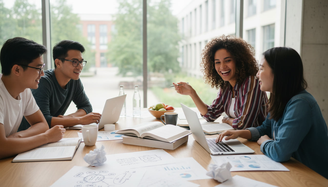 Photo Idea : A small group of students brainstorming at a table with textbooks, laptops, and problem sheets