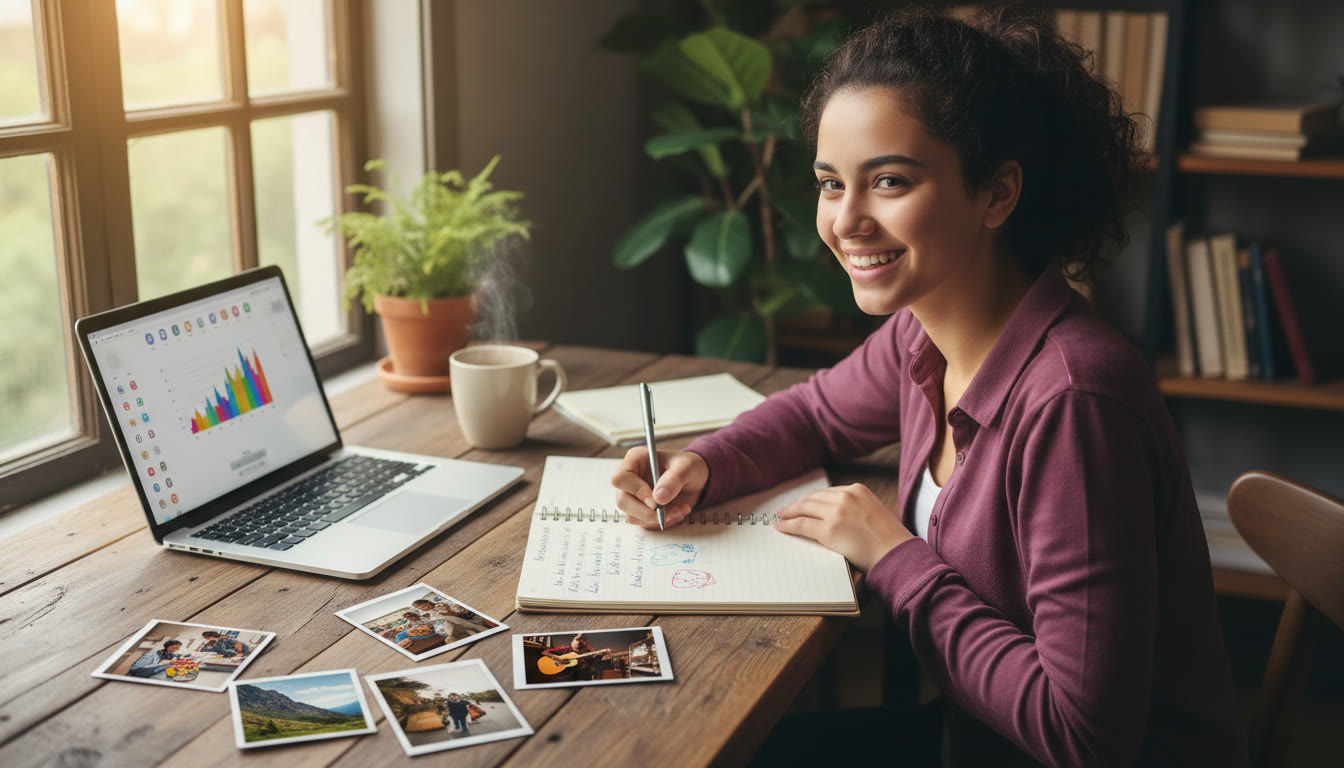 Photo Idea : student writing a CAS reflection in a notebook with evidence photos and a laptop nearby