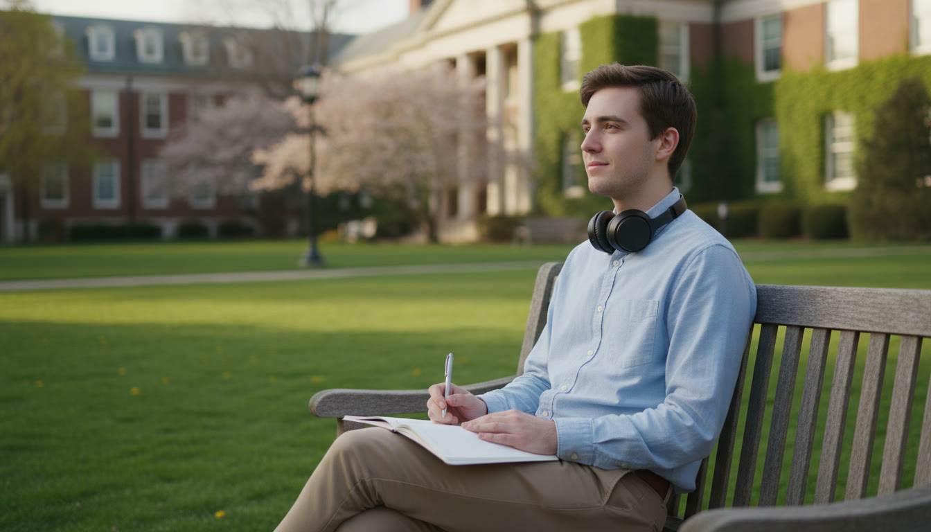 Photo Idea : A thoughtful student sitting on a bench on a green campus, notebook open, headphones around the neck