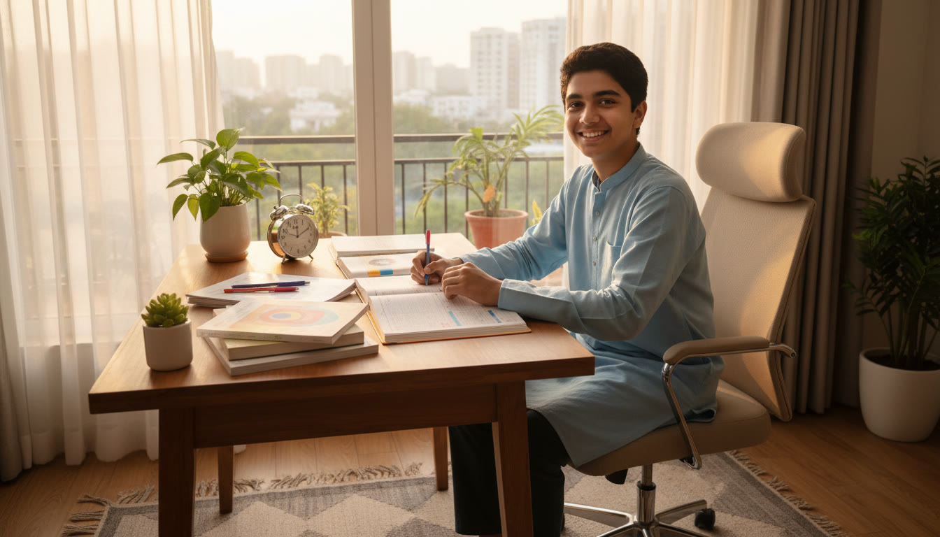 Photo Idea : [Student at a tidy desk with a planner, alarm clock, and open textbooks]