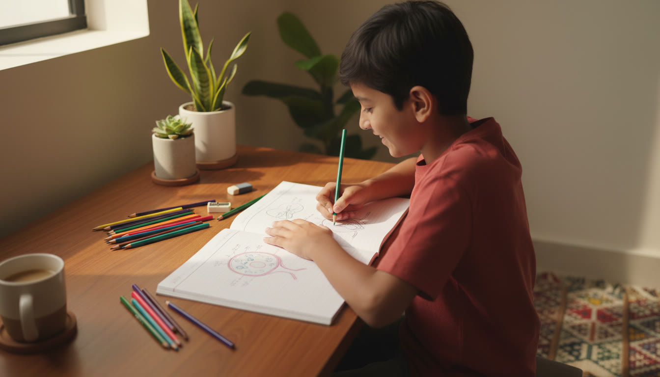Photo Idea : Close-up of a student redrawing biological diagrams with labeled parts and colored pencils