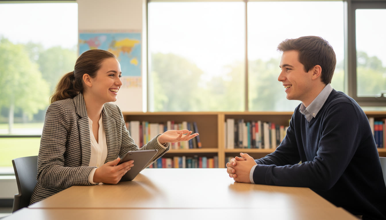 Photo Idea : two students in a mock interview setting with one asking questions and one answering