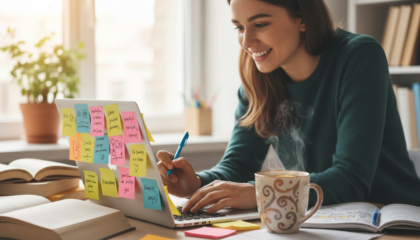 Photo Idea : Close-up of a student revising an essay with colorful sticky notes and a cup of tea