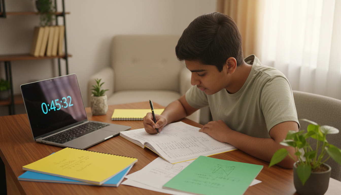 Photo Idea : A focused student solving a past-paper on a desk with a laptop timer and color-coded notes