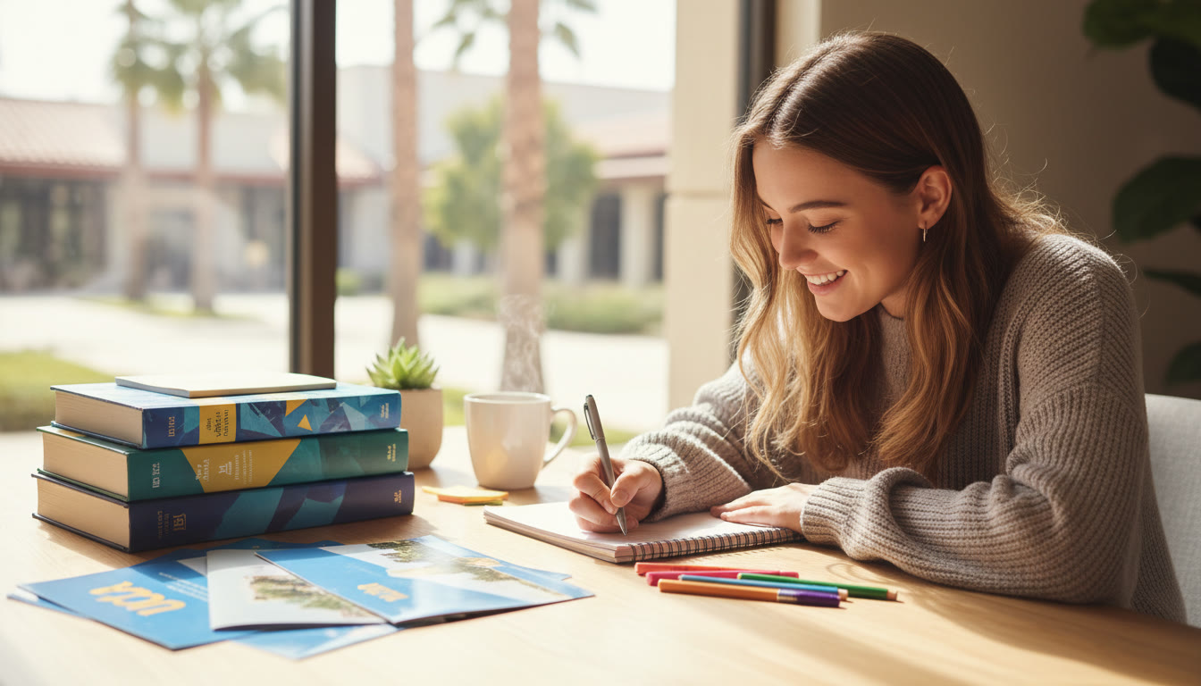 Photo Idea : Student writing personal insight answers at a desk with IB textbooks and UCLA brochures nearby