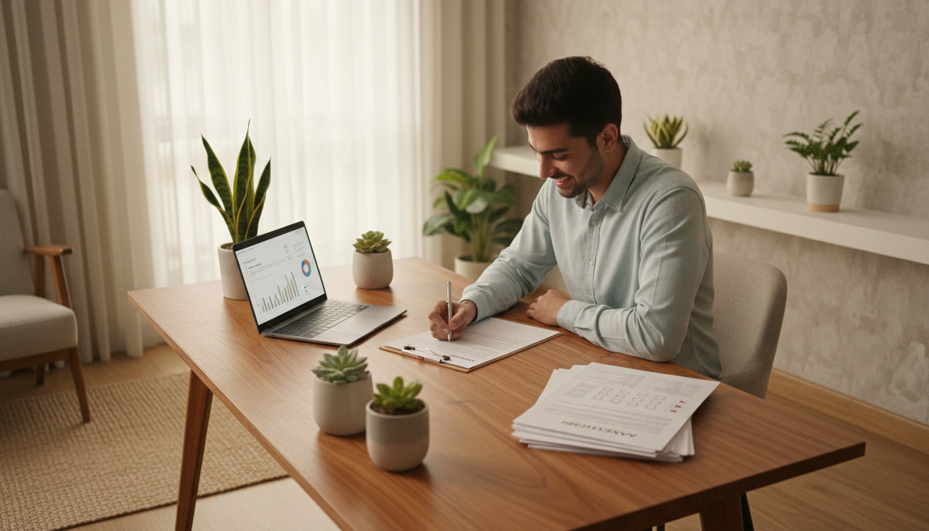 Photo Idea : A focused student at a desk filling an application form with a laptop, printed documents, and a checklist