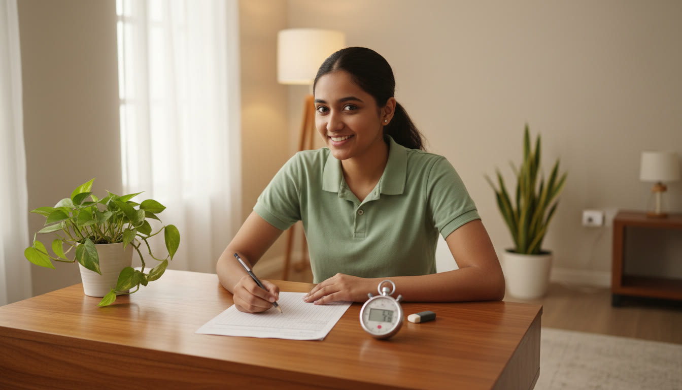 Photo Idea : Student taking a timed mock test at a desk with an exam answer sheet and stopwatch