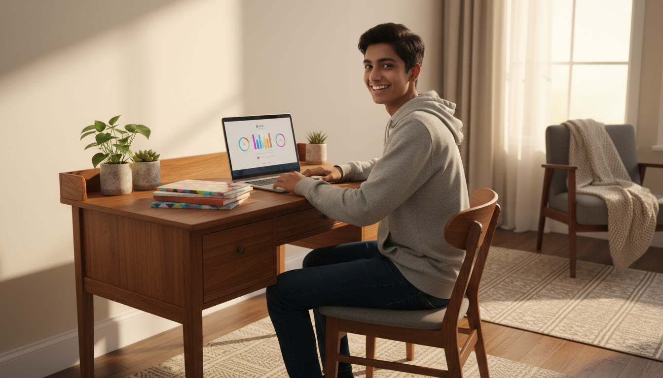 Photo Idea : Student at a neat study desk taking a full-length mock test on a laptop, a timer app visible