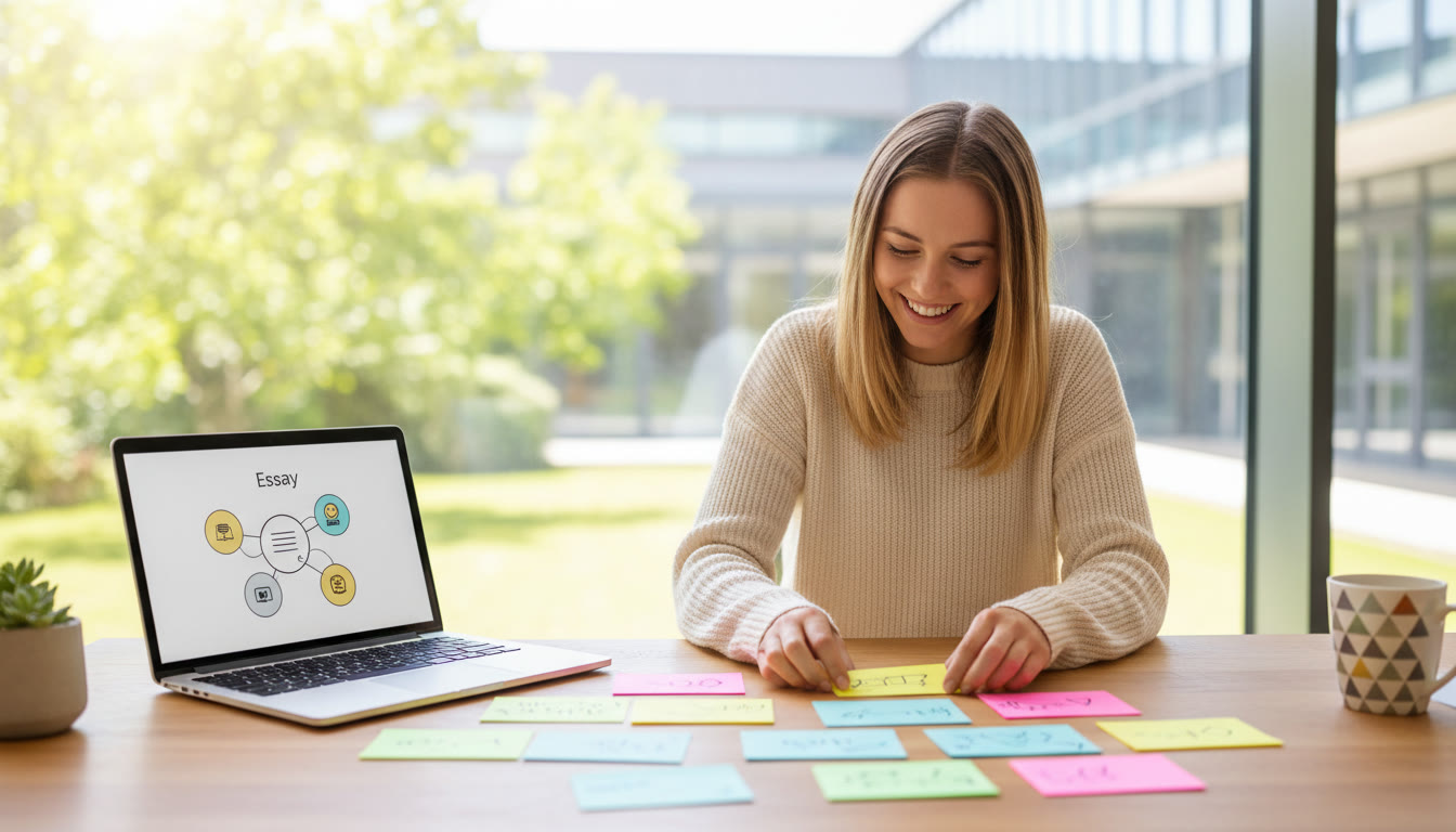 Photo Idea : Student at a desk arranging index cards and a laptop with an essay outline visible