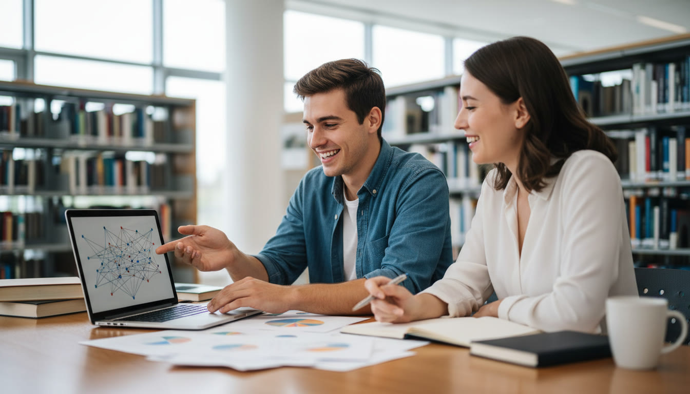 Photo Idea : A student explaining their IA exploration to a tutor using a laptop and printed graphs