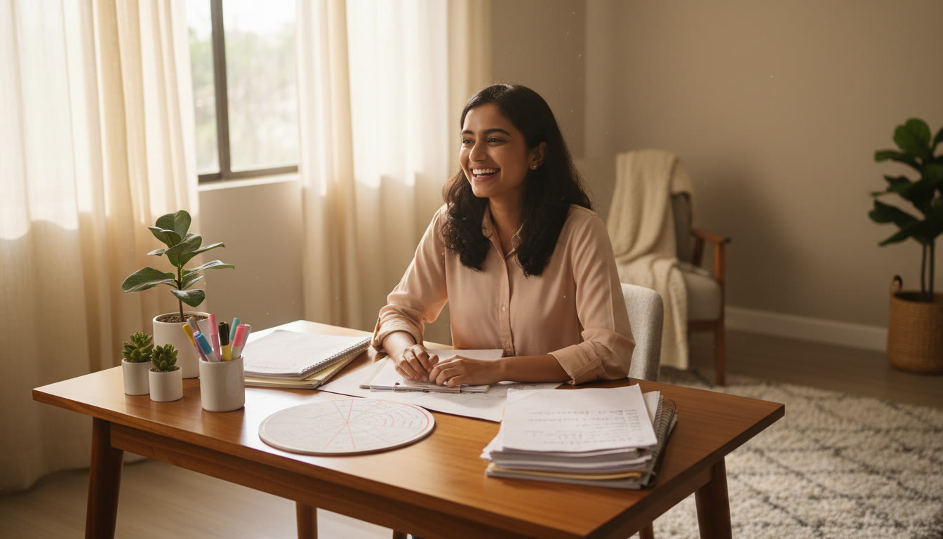 Photo Idea : A focused student at a desk with a study calendar, stationery, and neatly arranged past answer sheets