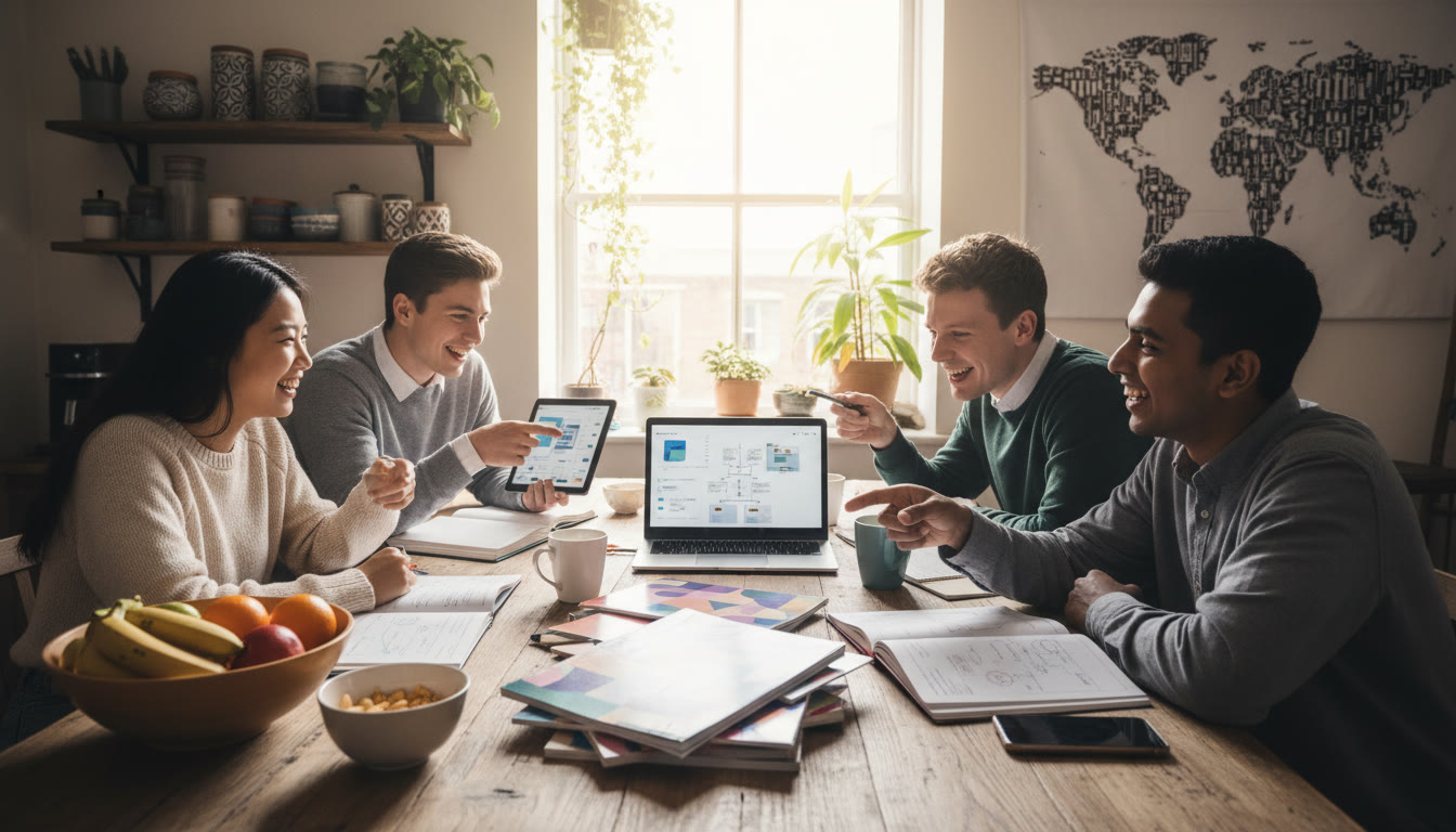 Photo Idea : Diverse IB students comparing university prospectuses at a kitchen table with laptops and notebooks