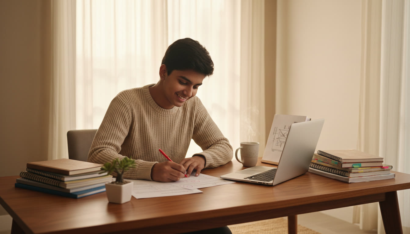 Photo Idea : A focused student surrounded by neatly arranged notes and a laptop, marking problems on a mock test paper