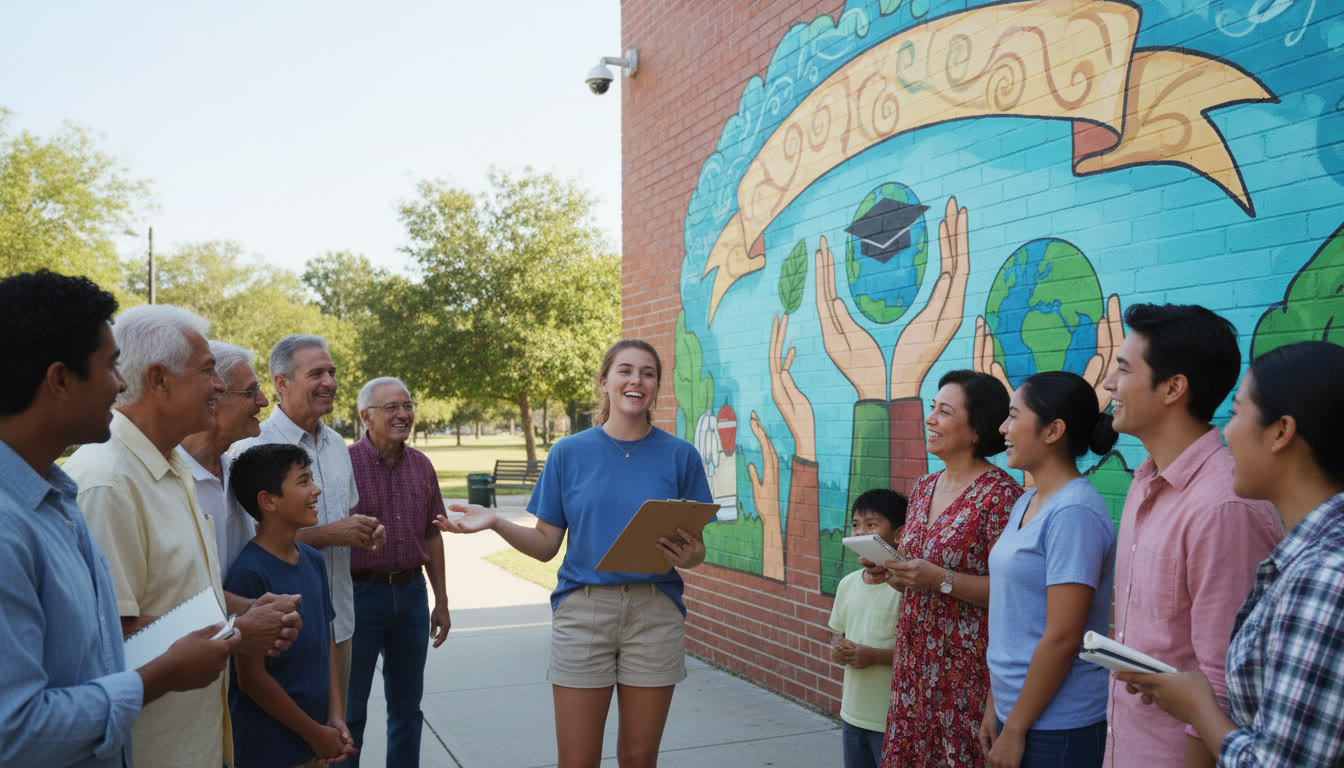 Photo Idea : Student presenting a community mural to local residents while taking notes