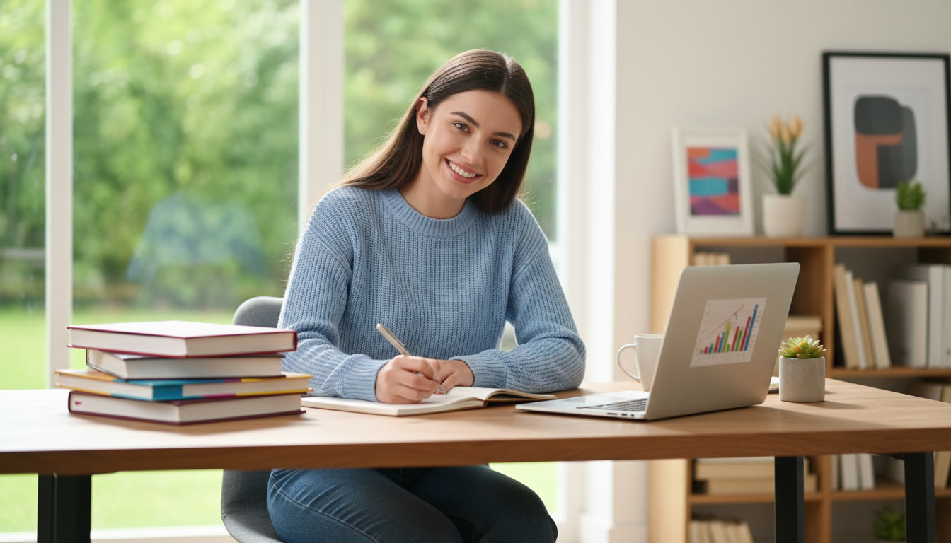 Photo Idea : Student writing at a desk with IB textbooks and a laptop
