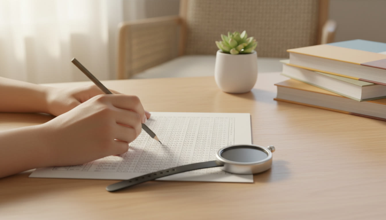 Photo Idea : Close-up of hands filling an OMR sheet with a pencil, a stopwatch visible nearby