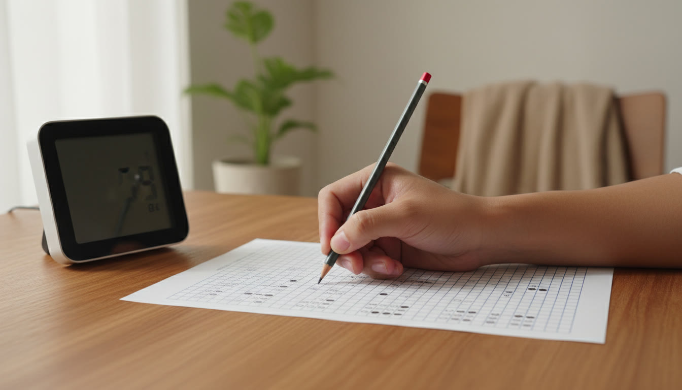 Photo Idea : Close-up of a hand carefully filling an OMR sheet bubble with an HB pencil and a timer nearby