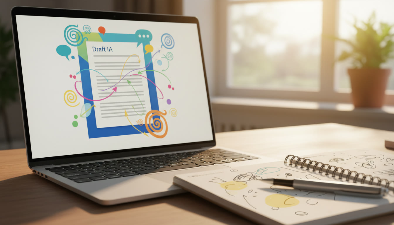 Photo Idea : Close-up of a laptop screen showing a draft IA with comments, a notepad of observations, and a pen highlighted notes.