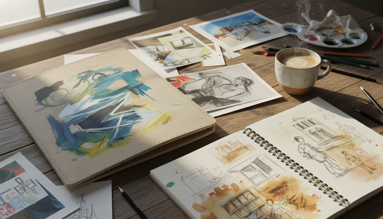 Photo Idea : Close-up of a portfolio and sketchbook spread out on a table with a coffee cup