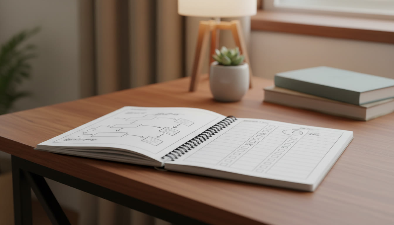 Photo Idea : Close-up of a notebook showing an error log with notes, checkboxes, and a small timer
