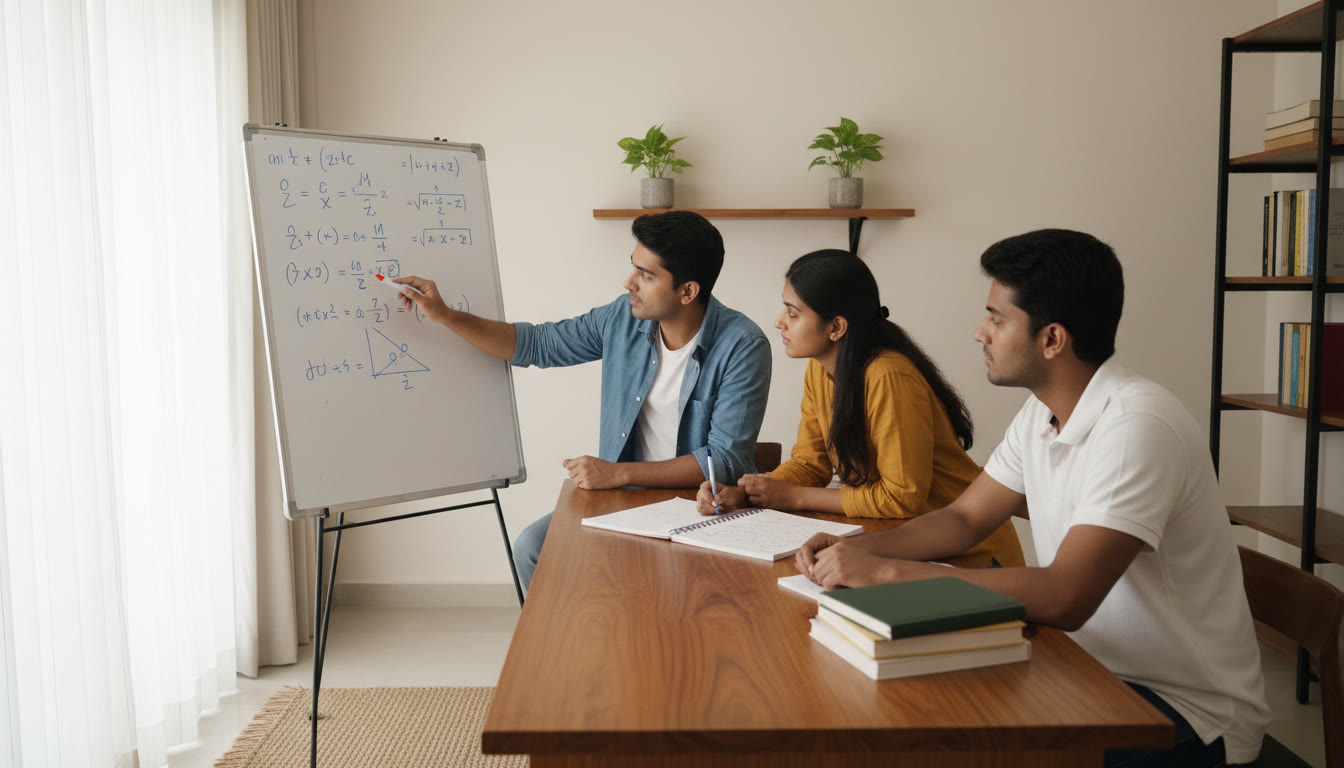 Photo Idea : A small group mentoring session where a tutor explains a solved problem to a student using a whiteboard and focused notes visible