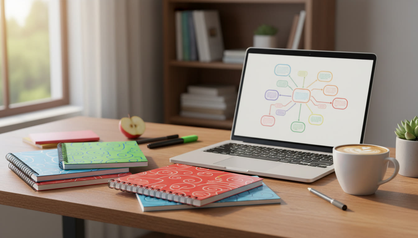 Photo Idea : A student’s desk with color-coded notebooks, a laptop showing a mind map, and a cup of coffee