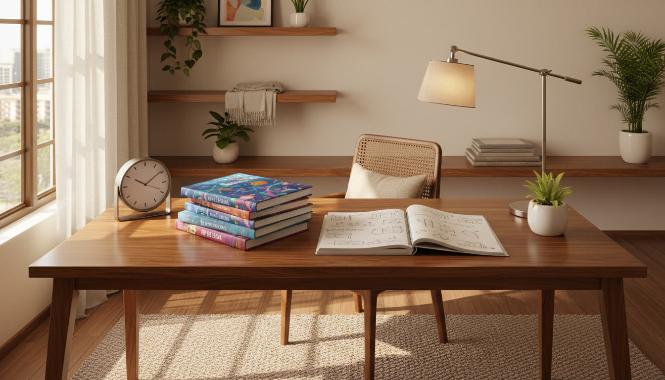 Photo Idea : Student at a tidy desk with school textbooks, NEET notes, a clock, and a small plant
