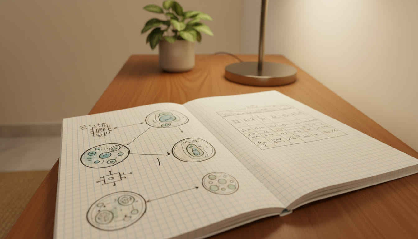 Photo Idea : Close-up of a neat laboratory notebook page with labeled diagrams and a tidy data table