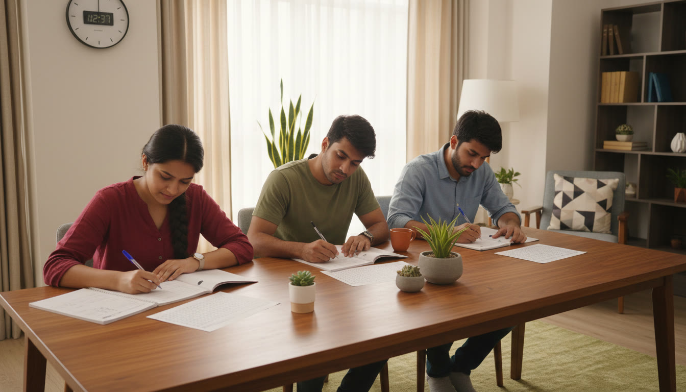 Photo Idea : A mock exam scene with students filling OMR sheets under a clock showing focused time management