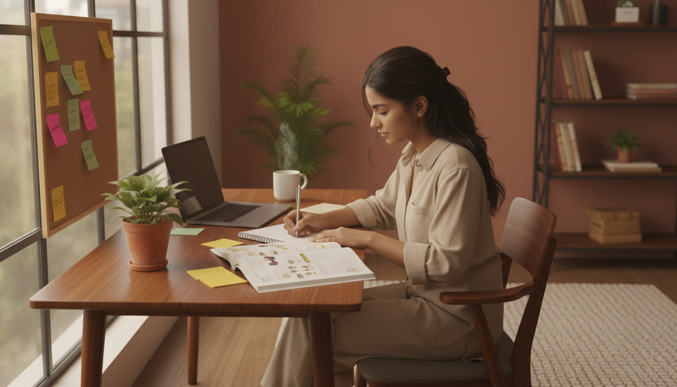 Photo Idea : A calm study nook with a student writing notes, an open textbook, sticky notes, and a cup of tea