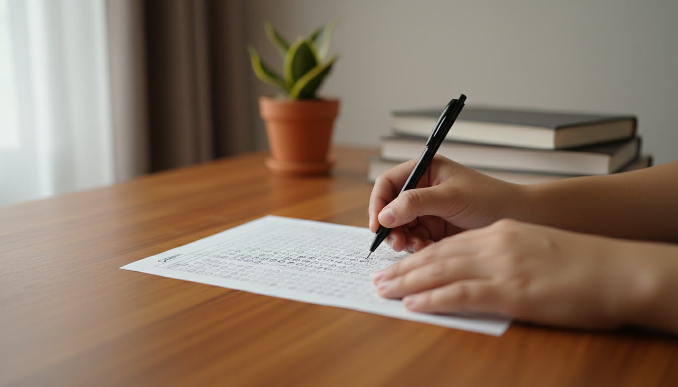 Photo Idea : Close-up of hands filling a bubble on an OMR sheet with a pen