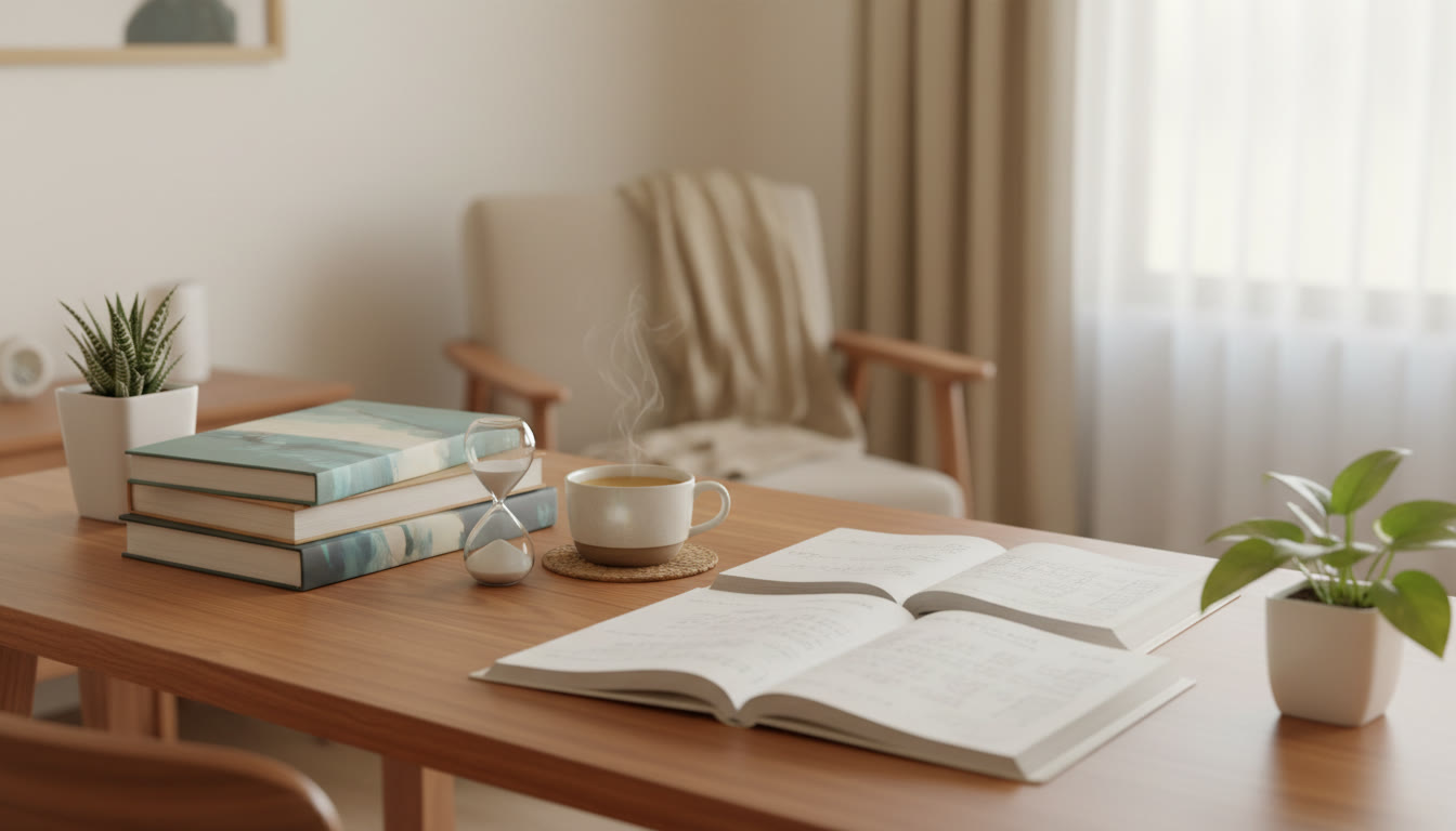 Photo Idea : A neat study desk with ISC textbooks, handwritten notes, a timer, and a cup of tea