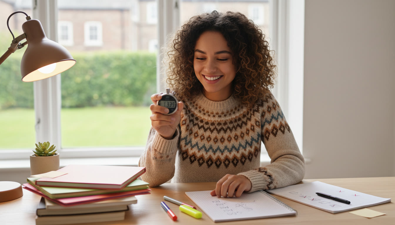 Photo Idea : Student using a stopwatch next to neatly arranged notes and a checklist