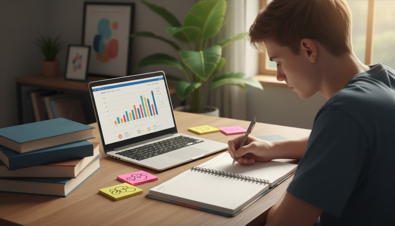 Photo Idea : A focused student at a desk writing in a planner with IB textbooks, a laptop open to a grade tracker, and sticky notes